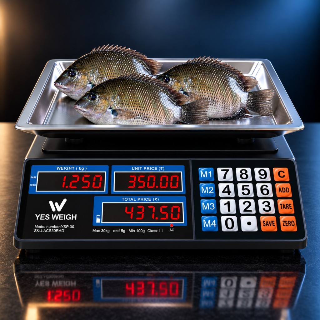 മീസാൻ price computing scale, weight 1.250, total 437.50